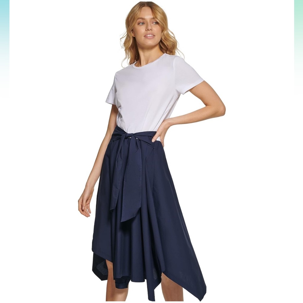 DKNY Mixed Media Tie Front Short Sleeve Fit & Flare Knit Dress
